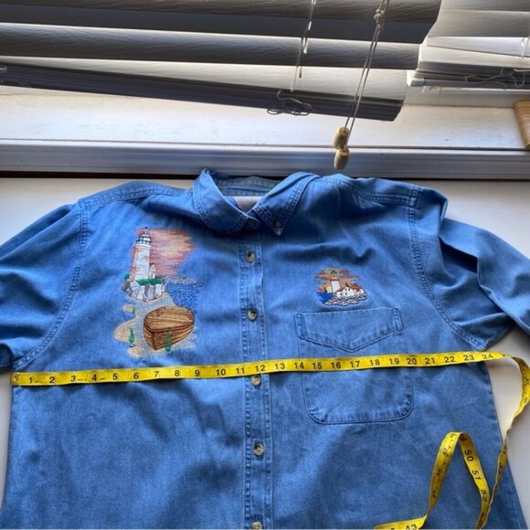 Vintage Enza Denim Button-Up Shirt Embroidery Woman XL Coastal Beach Coquette - Picture 11 of 14